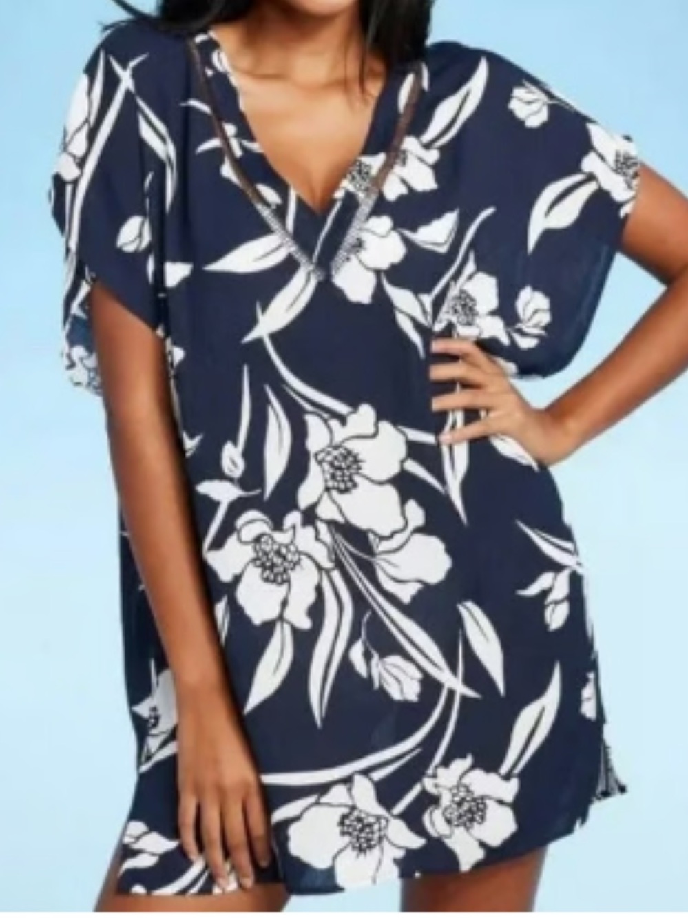 Kona Sol Navy Blue White Floral V-Neck Swim Cover Up Caftan Tunic Size Medium